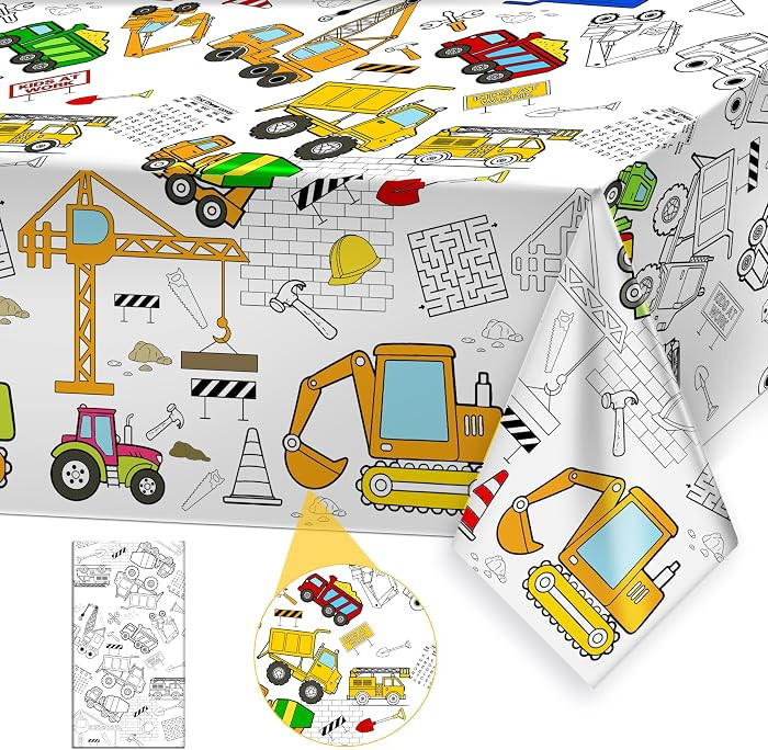 Giant Construction Party Coloring Tablecloth for Kids - Huge Construction Theme Table Cover Large... | Amazon (US)