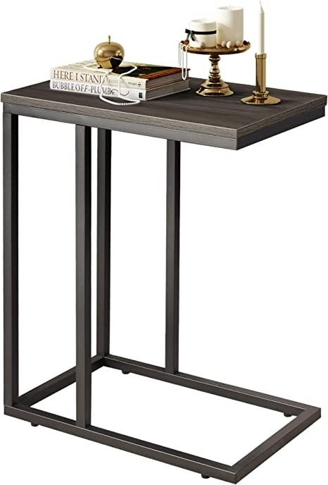 WLIVE Snack Side Table, C Shaped End Table for Sofa Couch and Bed, Gray and Black | Amazon (US)