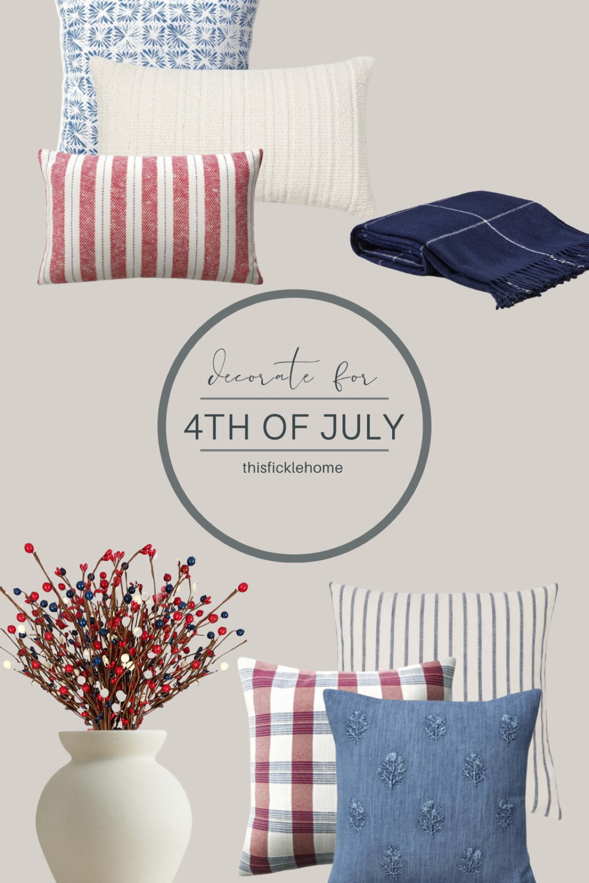 4th of July decor, patriotic decor, red white and blue pillows, neutral vase, red white and blue vase filler, blue throw blanket, blue striped pillow, fireworks pillow, red striped pillow.

#LTKsalealert #LTKSeasonal #LTKhome