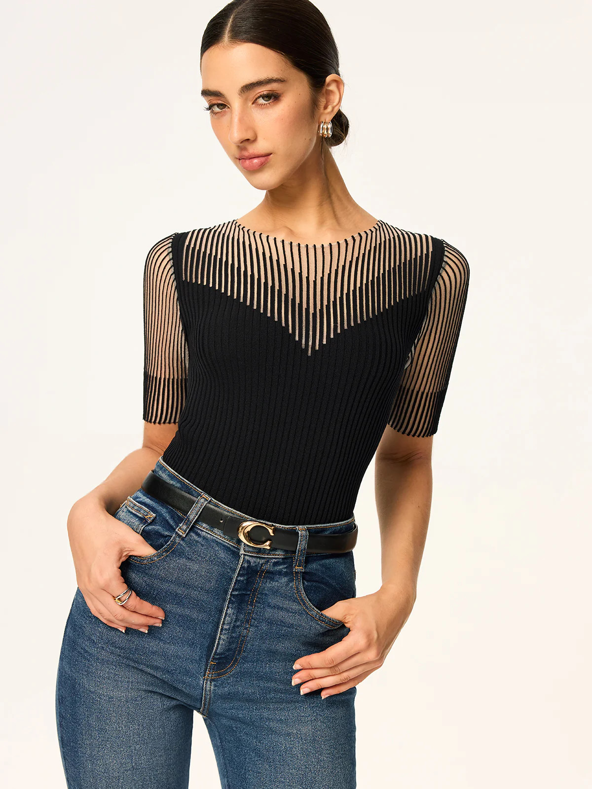 Sheer Striped Panel Ribbed Knit Top | Commense