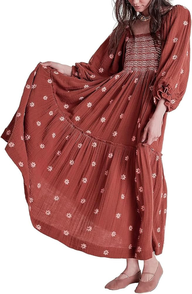 Willow Dance Women Casual Bohemian Floral Dress Square Neck Ruffle Swing A Line Dress Long Sleeve... | Amazon (US)