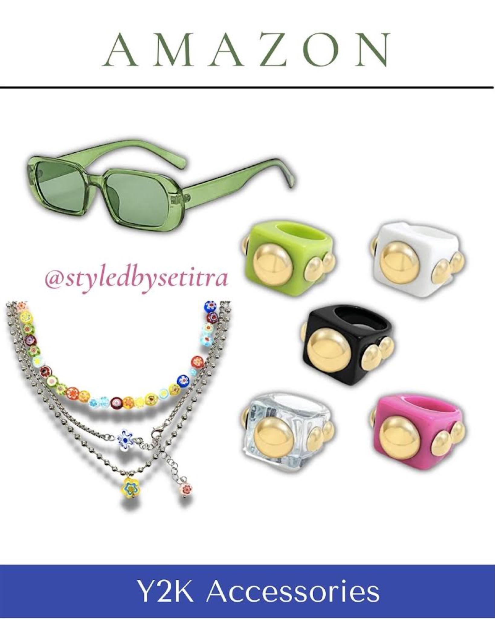 Y2K necklaces layered beaded colorful necklaces, Y2K sunglasses in green, Y2K style resin acrylic rings. Colorful accessories .

#LTKsalealert #LTKunder50