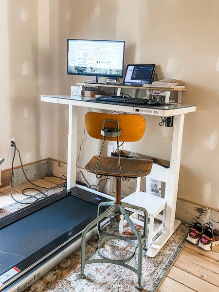 stand up desk + walking pad - work from home musts! please ignore the construction. #LTKwork #LTKworkfromhome #LTKoffice 