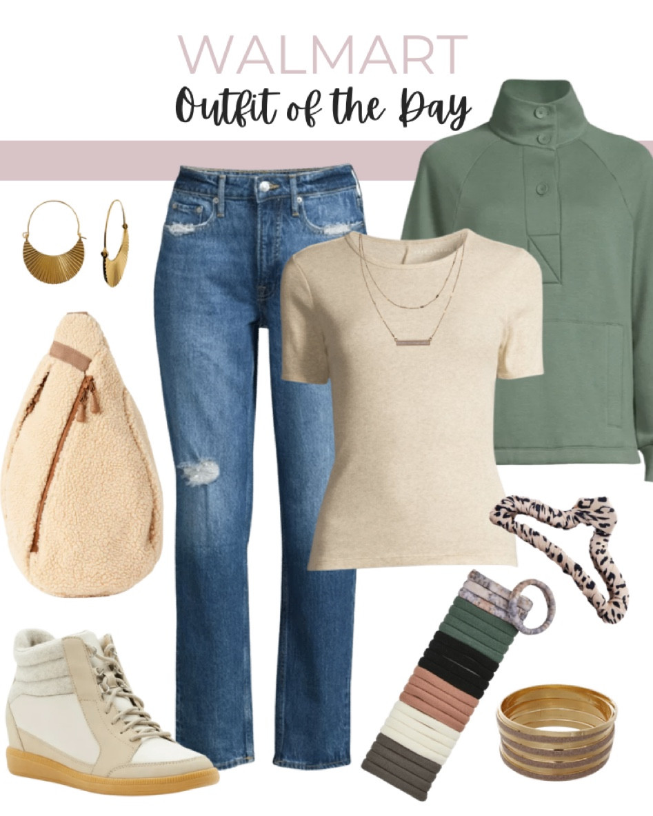 Walmart outfit of the day includes pull over sweatshirt, ribbed knit shirt, jeans, gold necklace, gold earrings, cross body Sherpa bag, high top shoes, hair claw, bracelets, and hair ties 

Outfit inspiration, fall fit, winter fit, Walmart finds, Walmart fashion, fall outfit

#LTKunder50 #LTKfit #LTKstyletip