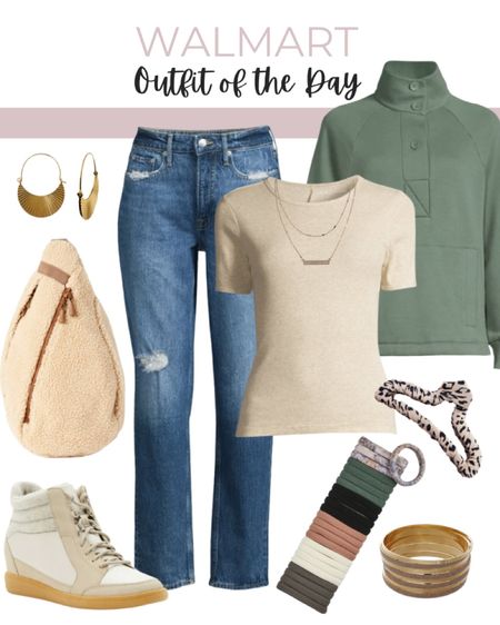 Walmart outfit of the day includes pull over sweatshirt, ribbed knit shirt, jeans, gold necklace, gold earrings, cross body Sherpa bag, high top shoes, hair claw, bracelets, and hair ties 

Outfit inspiration, fall fit, winter fit, Walmart finds, Walmart fashion, fall outfit

#LTKunder50 #LTKfit #LTKstyletip