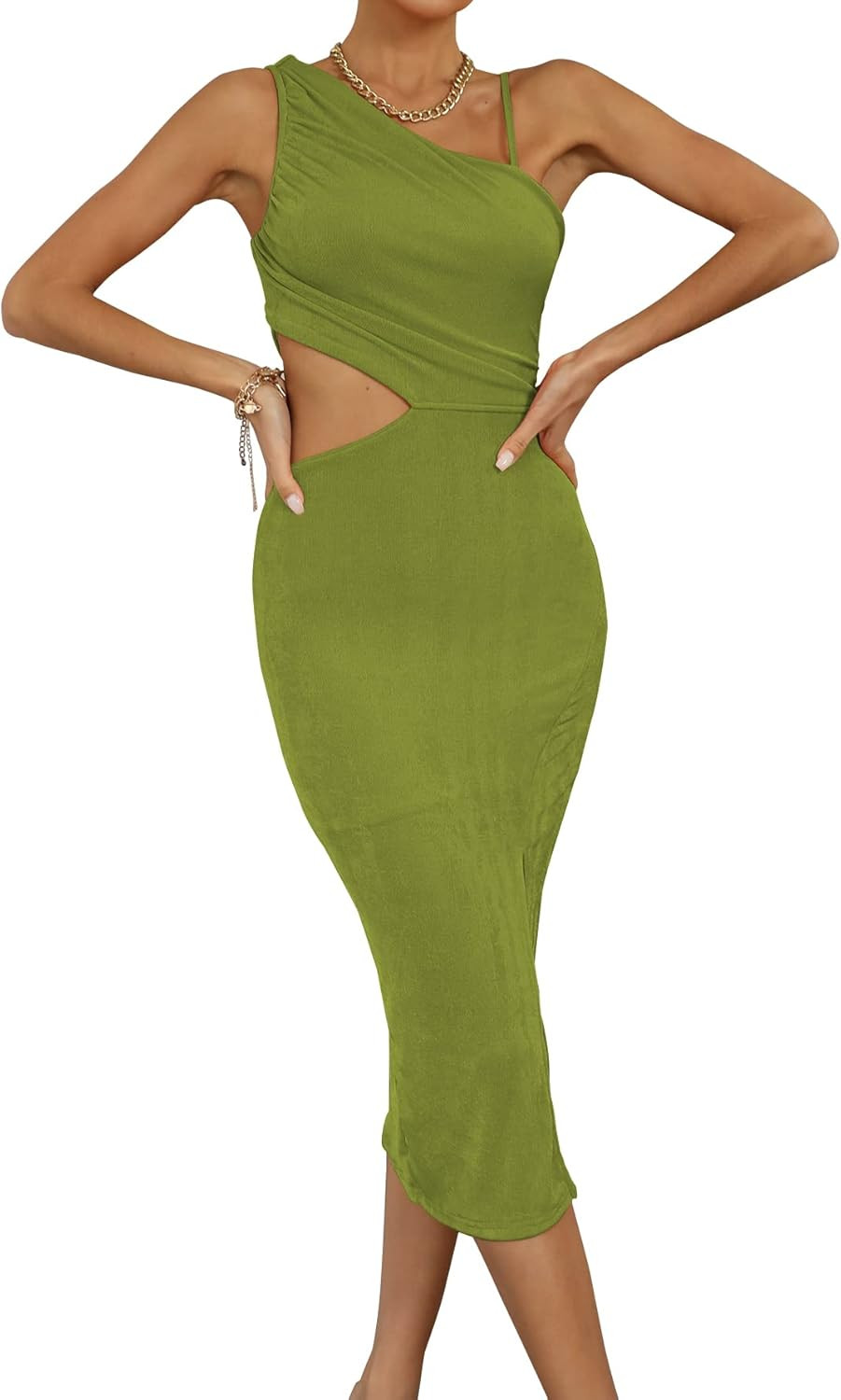 LYANER Women's One Shoulder Ruched Cut Out Split Slit Hem Sleeveless Bodycon Tank Midi Dress | Amazon (US)