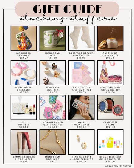 Stocking stuffers gift guide | Head to www.travelmeetsstyle.com for more details and Christmas gift ideas! 



Gifts for her, womens gifts, Christmas gifts, Anthropologie ornament, letter ornament, Christmas mug, initial mug, barefoot dreams socks, Capri blue candle, spa headband, bubble headband, mini claw clips, silk scrunchies, patchology face mask set, ysl perfume, ysl lipstick, red lipstick, letter playing cards, walli phone case, French picture frames, home decor finds, summer Fridays lip balm, letter necklace, chain necklace. Kendra Scott earrings, hoop earrings, drunk elephant travel set 

#LTKGiftGuide #LTKsalealert #LTKfindsunder100