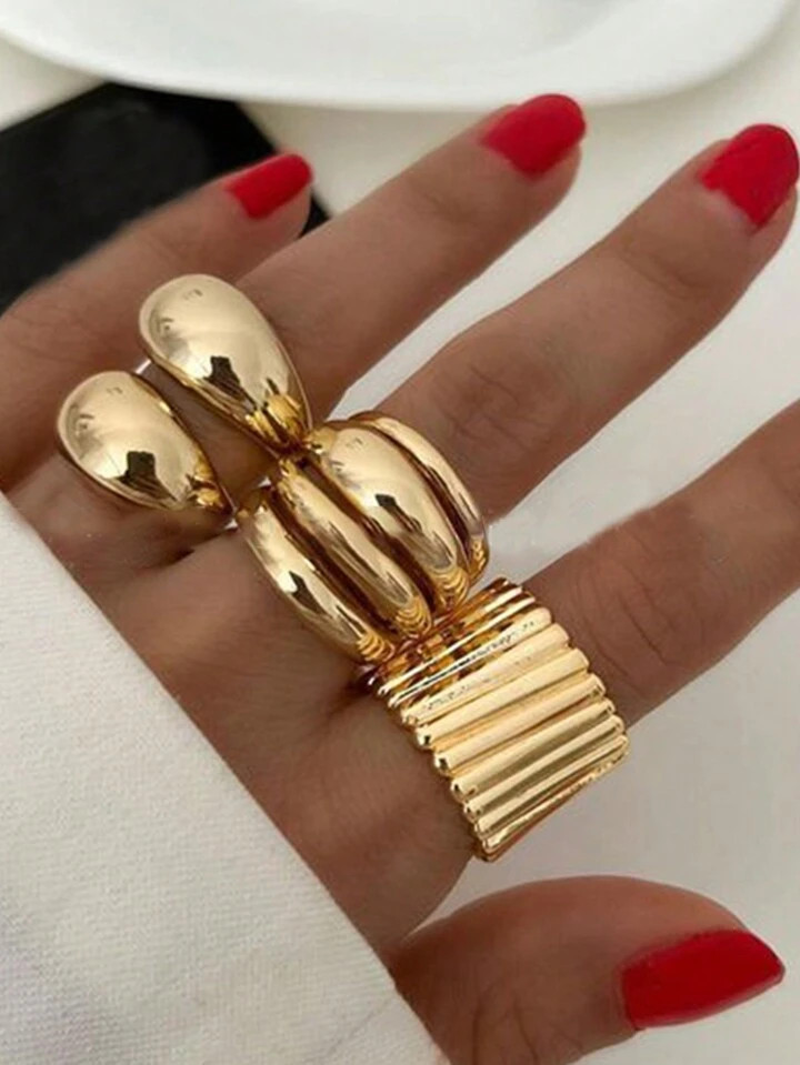 1/3/4/5pcs Chunky Vintage Geometric Wave Textured Faux Pearl Ring, Fashionable Metallic Jewelry For Women, Suitable For Holiday, Party, Date, Gift, Casual Wearing | SHEIN