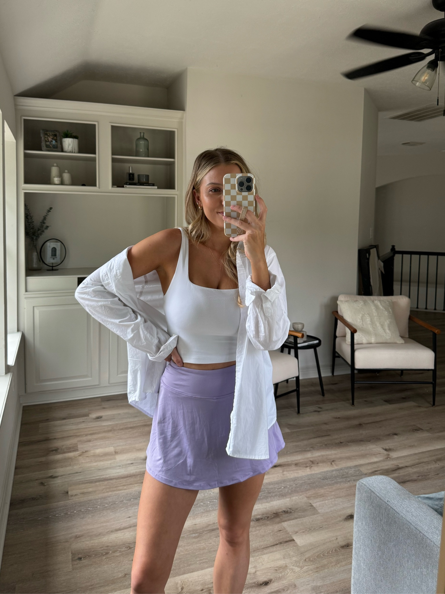 Tennis skirt outfit for summer! Wearing a size S in skirt and sports bra tank and XL in button up for an oversized fit!

#LTKFitness #LTKStyleTip #LTKActive