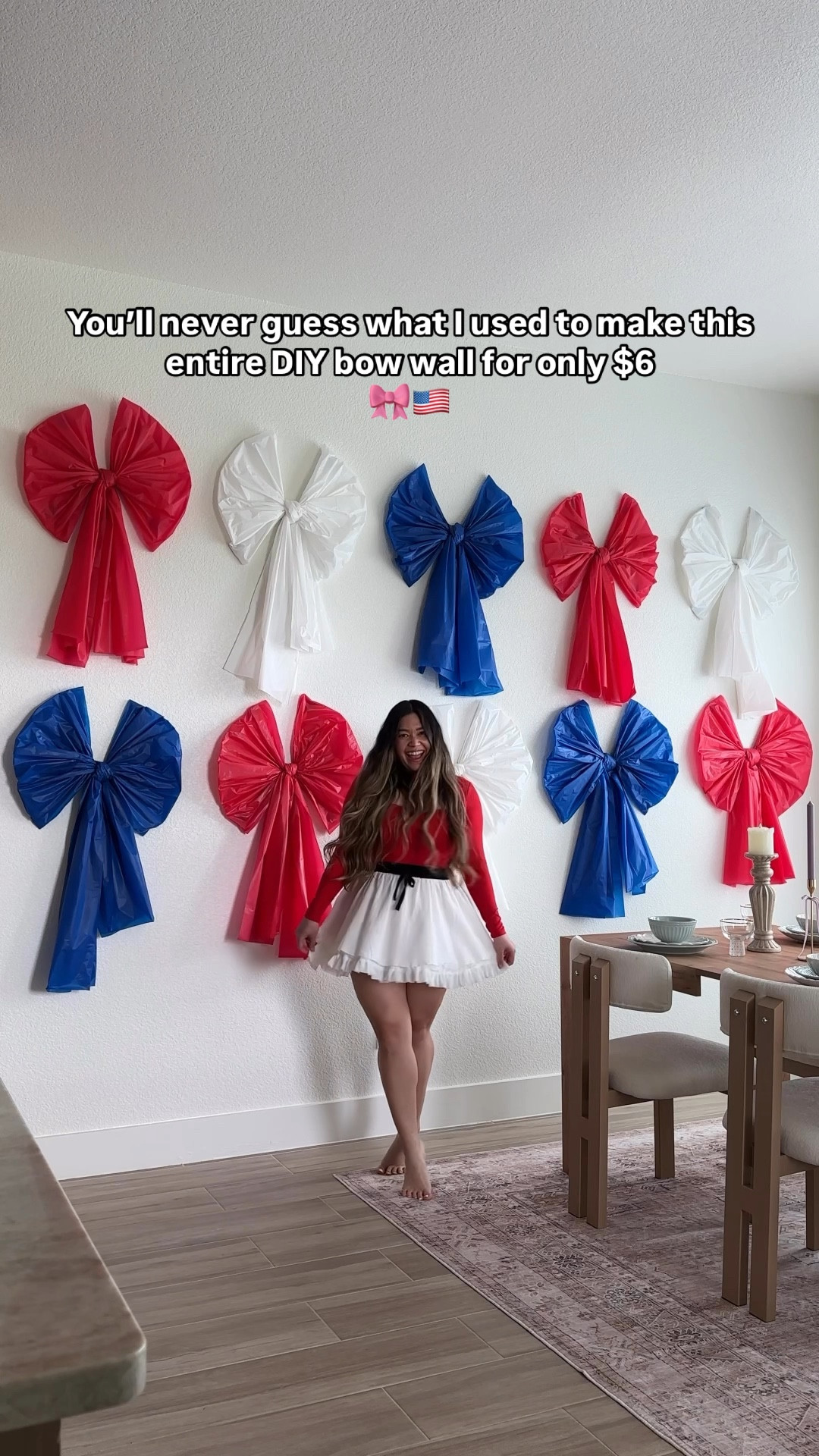 You’ll never guess what I used to make this entire DIY bow wall for only $6 🎀🇺🇸Spoiler alert: you’ve probably walked right past this in the party aisle a hundred times 👀

This might be the easiest and cutest party backdrop I’ve ever made and it requires no fancy supplies, just $1 disposable table covers 🎀🇺🇸

DIY BOW WALL STEP-BY-STEP:
🎀 Cut each tablecloth in half lengthwise. This is totally optional but it feels wasteful to use a whole cover for one bow when you can get two out of one!
🎀 Tie each tablecloth into a big bow and adjust the loops until it looks nice and full
🎀 Repeat until you have enough bows to fill your entire wall space
🎀 Attach the bows to the wall using blue painter’s tape

Americana decor, Fourth of July decor, 4th of July decor, patriotic decor, red white and blue decor, July 4th decor, July 4th party decorations 

#LTKHome #LTKParties #LTKSeasonal