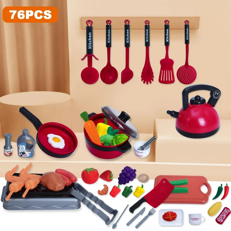 BEEPRINCESS 76Pcs Play Kitchen Accessories, Kids Kitchen Pretend Play Toys with Play Pots and Pan... | Walmart (US)