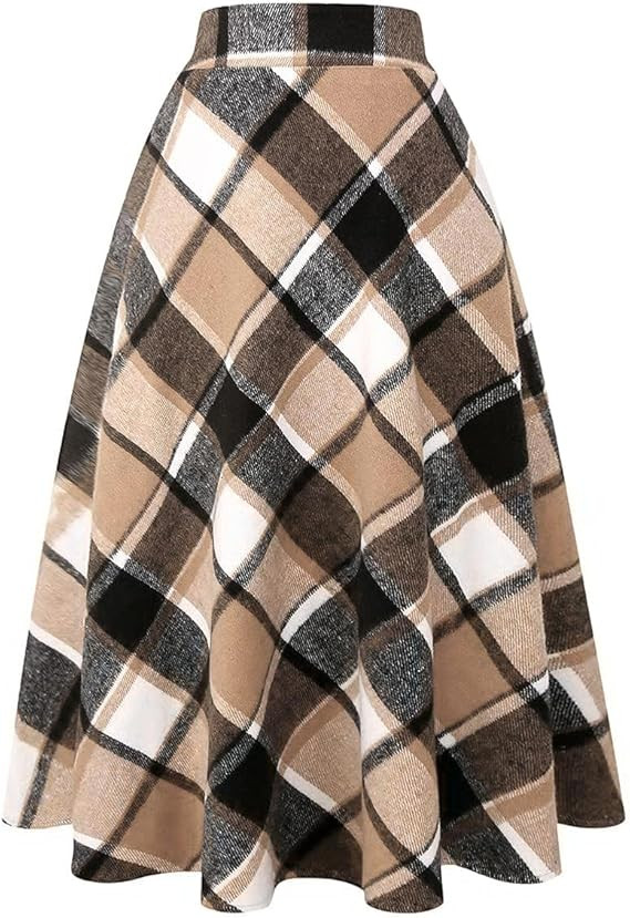 IDEALSANXUN Womens Plaid Wool Skirts Elastic Waist A-Line Pleated Tartan Long Skirts | Amazon (US)