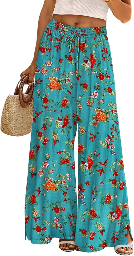 YESNO Women Summer Flowy Wide Leg Pants Drawstring Elastic Waist Casual Lounge Beach Palazzo Trou... | Amazon (US)