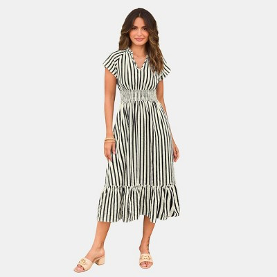 Cupshe Women's Striped Maxi Dress with Waist Accentuation and Tiered Ruffles-L-Black | Target