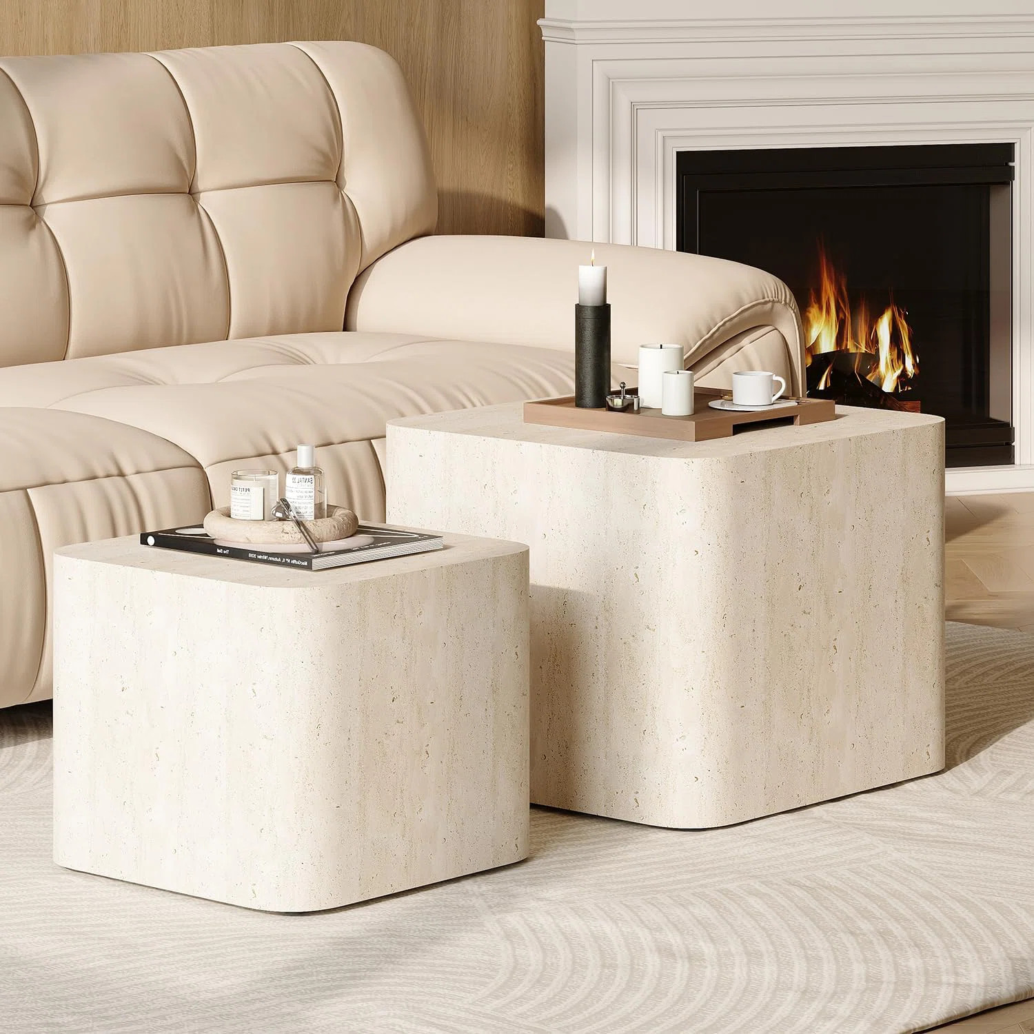 2-Piece Modern Nesting Coffee Table Set Travertine Finish | Wayfair North America