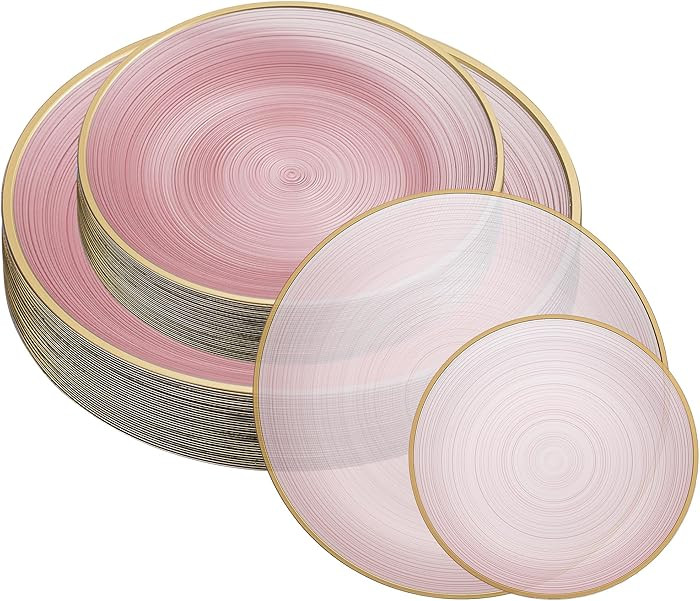 PLASTICPRO 64 Pieces Crystal Design Plastic Plates Combo Pack 7 inch and 10 inch Gold Rim Elegant... | Amazon (US)