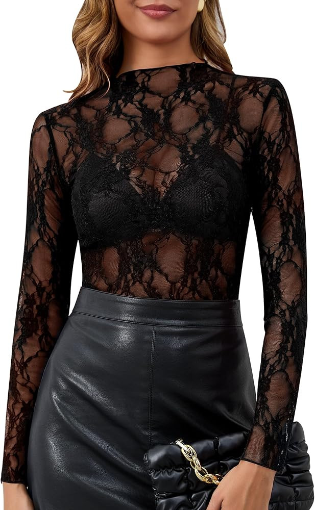 KTILG Womens Mesh Long Sleeve Top Sheer Blouse Sexy See Through Tee Shirt Lace Tops S-XXL | Amazon (US)