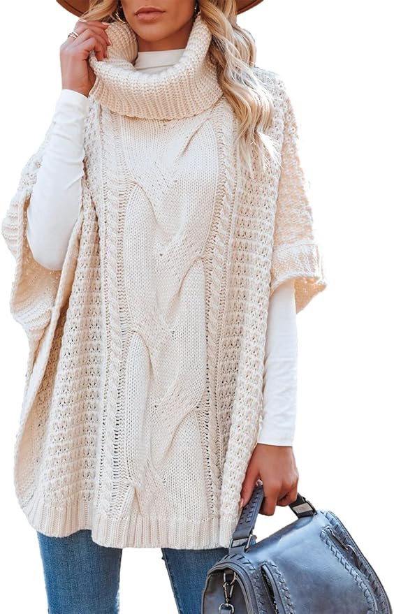 Womens Turtleneck Sweater Shawl Batwing Sleeveless Hem Side Slit Pullover Poncho Sweater Tops | Amazon (US)