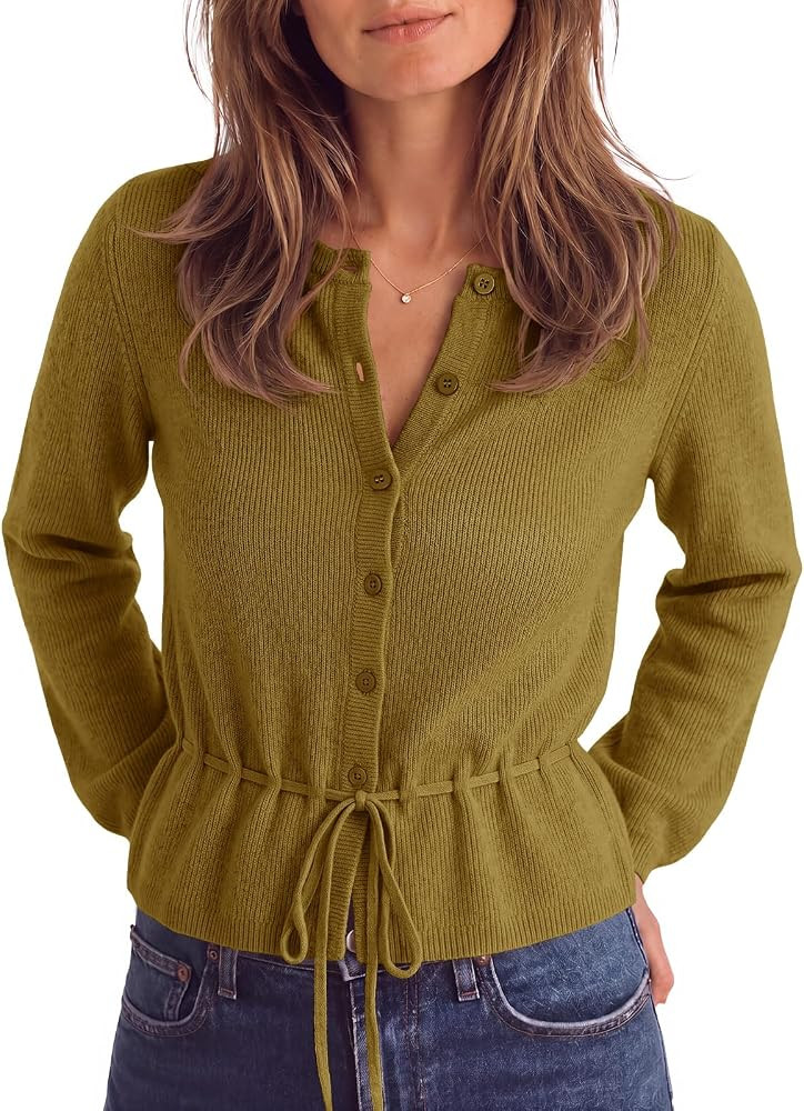 Saodimallsu Womens Cropped Cardigan Button Up Tie Crew Neck Fall Sweaters | Amazon (US)