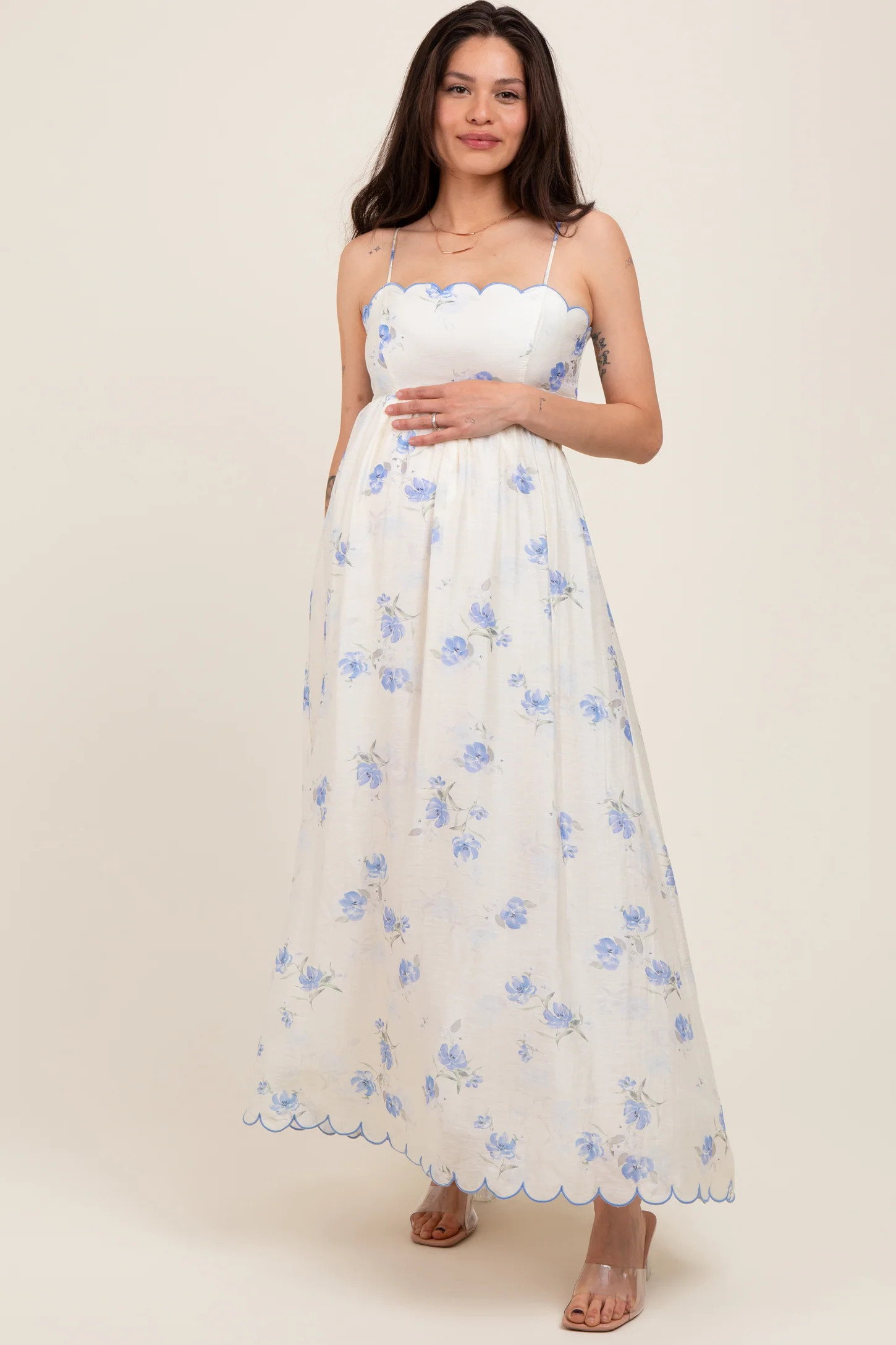 Blue Floral Scallop Edge Back Cutout Maternity Maxi Dress | PinkBlush Maternity