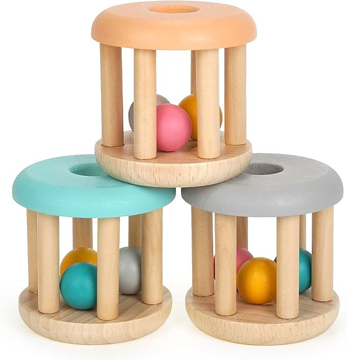 DUCKBOXX XX Wooden Rattle Rollers for Babies Ages 0m – 2yrs (Burlywood Base - 3pcs) | Amazon (US)