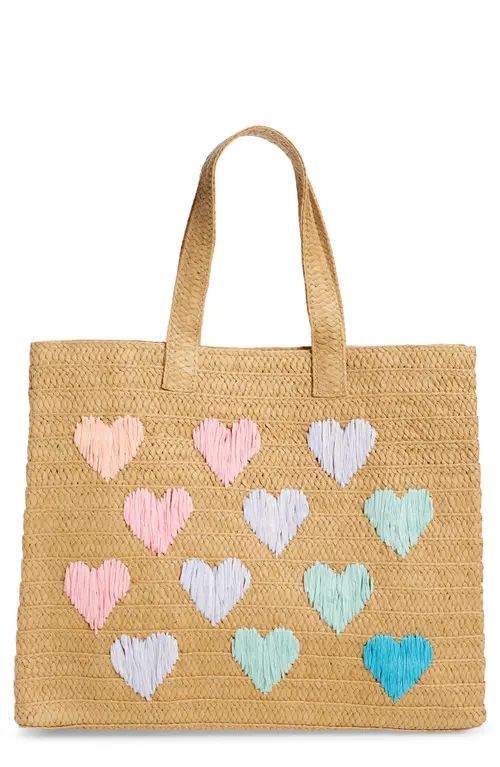 btb Los Angeles Be Mine Straw Tote in Sand Pastel Rainbow at Nordstrom | Nordstrom