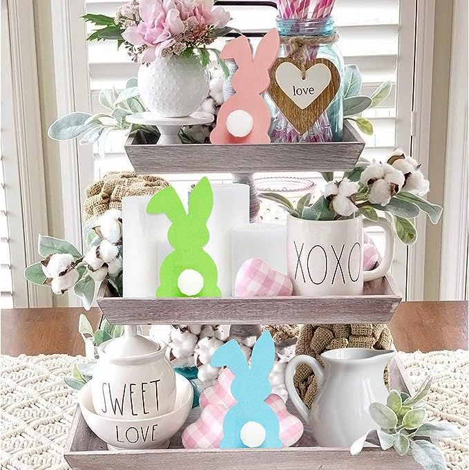 3Pcs Easter Wooden Rabbit Shaped Tiered Tray Decoration Blue Pink Green Easter Rustic Farmhouse D... | Amazon (US)