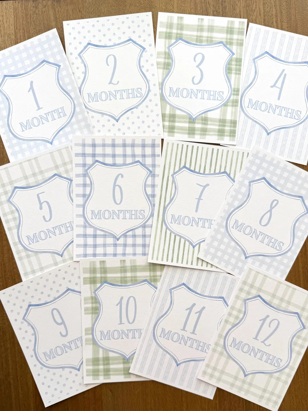 Baby Boy Milestone Cards, Watercolor Gingham, Linen Texture Photo Props | Etsy (US)