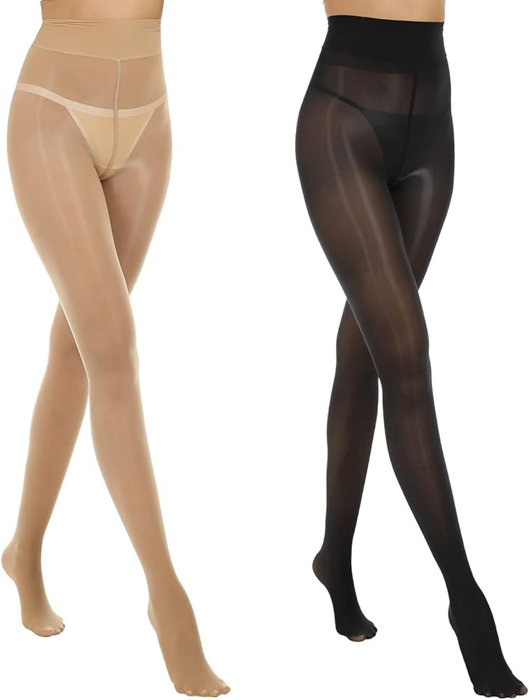 MANZI 2 Pairs Women's Shiny Sheer Tights High Waist Silk Comfort Stockings Oil Shimmery Nylons Pa... | Amazon (US)