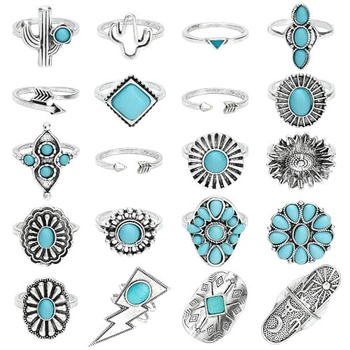 NEWITIN 20 Pieces Turquoise Rings for Women Western Ring Vintage Silver Knuckle Ring Set Bohemian Oval Gemstone Stackable Rings Trendy Turquoise Jewelry for Women | Amazon (US)