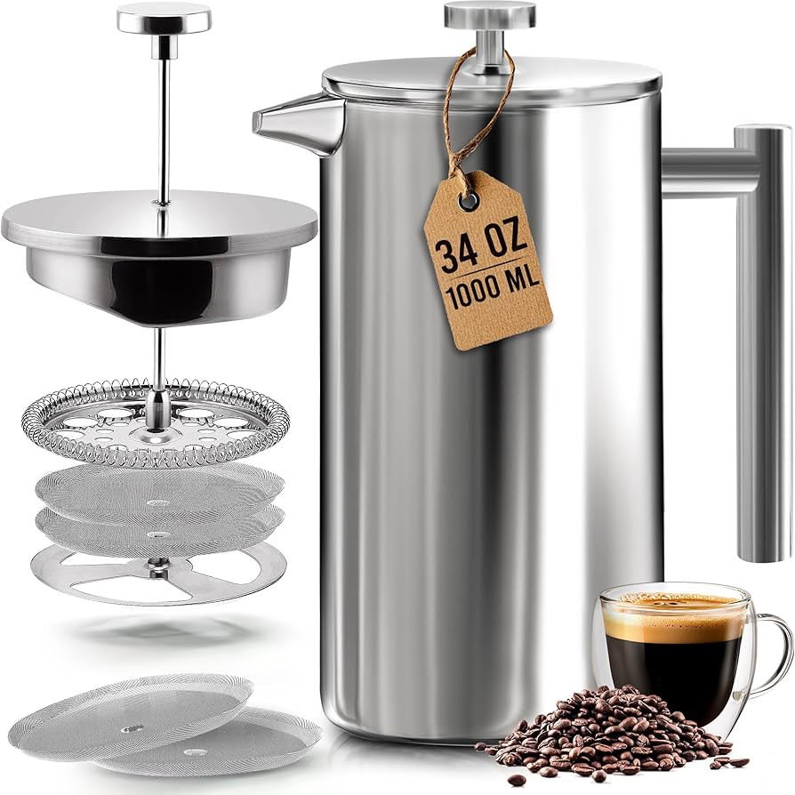 Utopia Kitchen 304 Grade Stainless Steel French Press Coffee Maker 34 oz, Double Wall Insulated C... | Amazon (US)