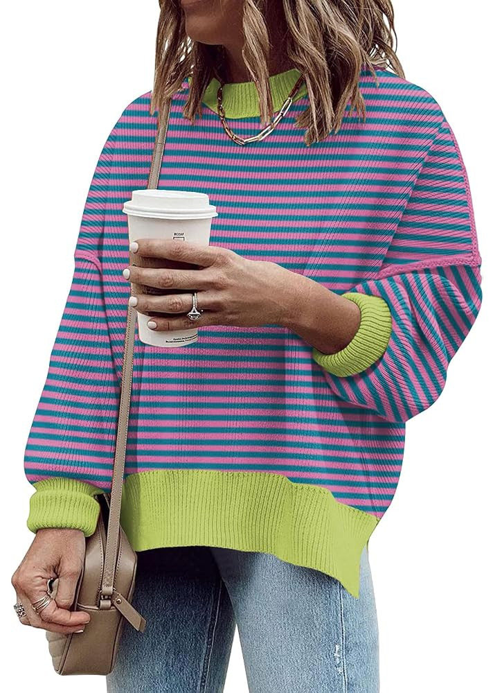 Women's Oversized Crewneck Sweaters Batwing Long Sleeve Side Slit Ribbed Knit Pullover Sweater To... | Amazon (US)