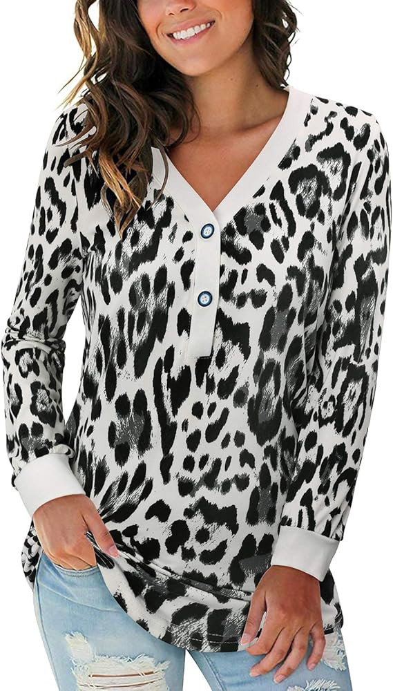 Women's Leopard Print V-Neck Button Camo Causal Long Sleeve Tops Henley Blouse Loose T Shirt | Amazon (US)