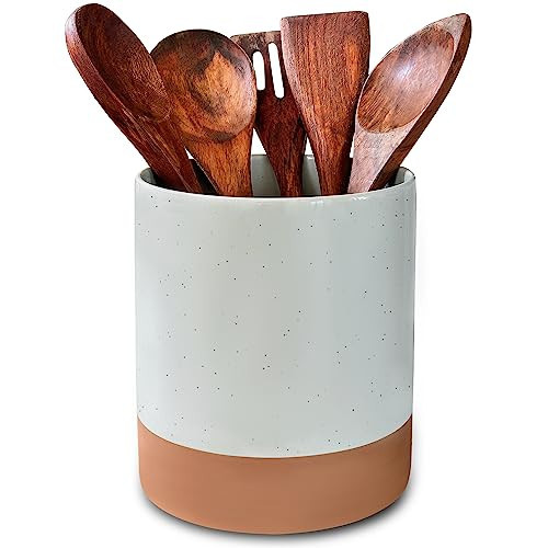 Mora Ceramic Kitchen Utensil Holder - Wooden Spoon & Spatula Crock for Countertop, Modern Farmhouse Home Decor, Extra Large 7.3" Cooking Organizer for Stove Top and Counter - Heavy & Sturdy - Grey | Amazon (US)