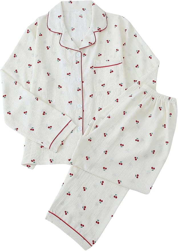 Verdusa Women's 2 Piece Pajama Sets Cute Pj Set Printed Sleepwear Lounge Sets Long Sleeve Button ... | Amazon (US)