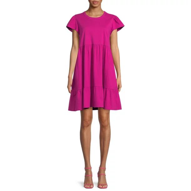 Time and Tru Women's Short Sleeve Tiered Knit Dress with Pockets | Walmart (US)