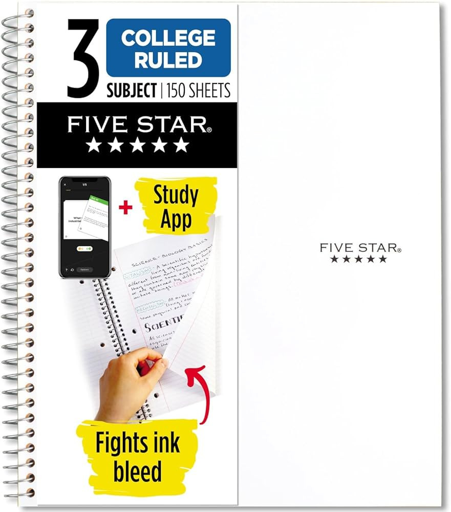 Five Star Spiral Notebook + Study App, 3 Subject, College Ruled Paper, Fights Ink Bleed, Water Re... | Amazon (US)