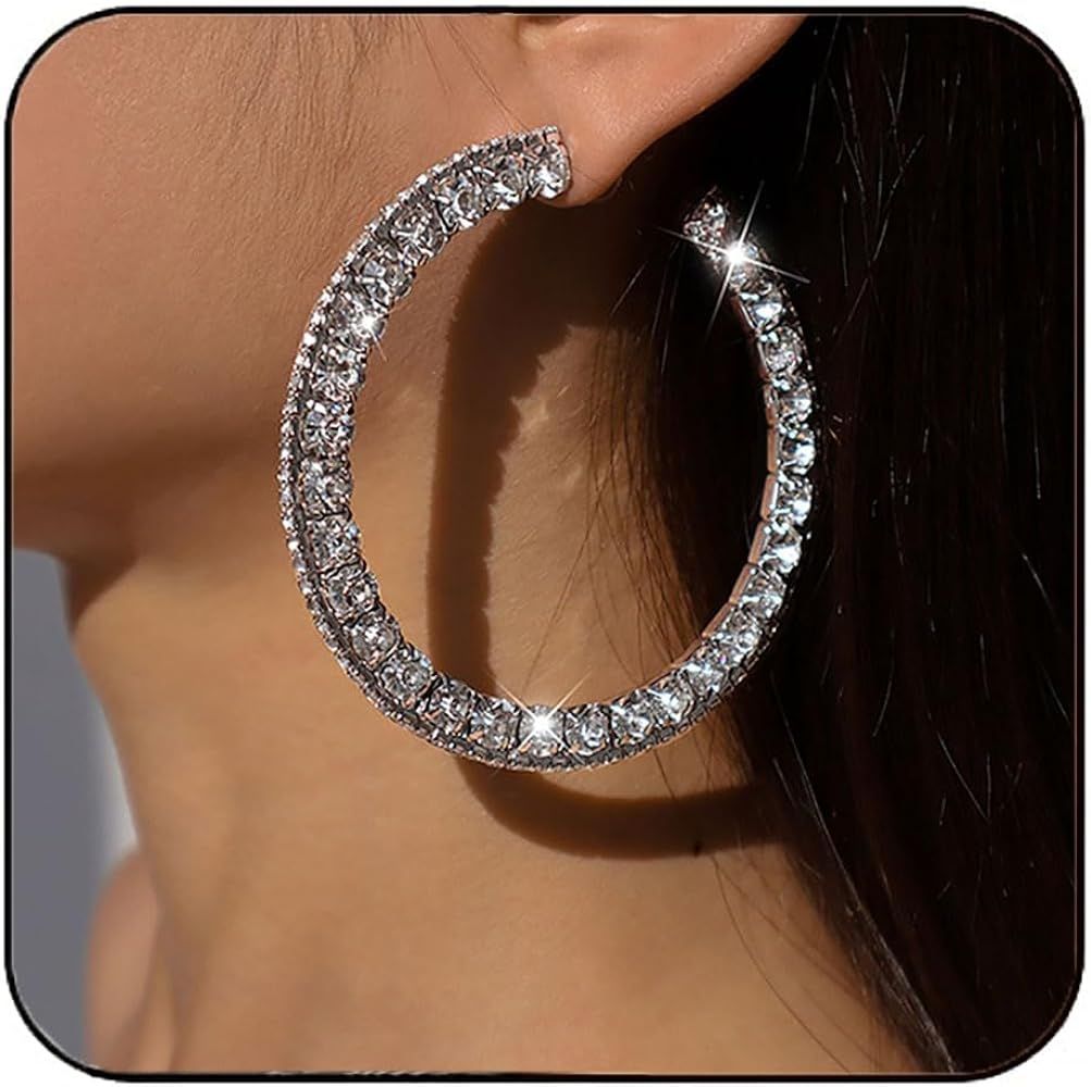 Earent Rhinestone Hoop Earrings Large Silver Dangle Hoop Earring Big Round Loops Earrings Party E... | Amazon (US)