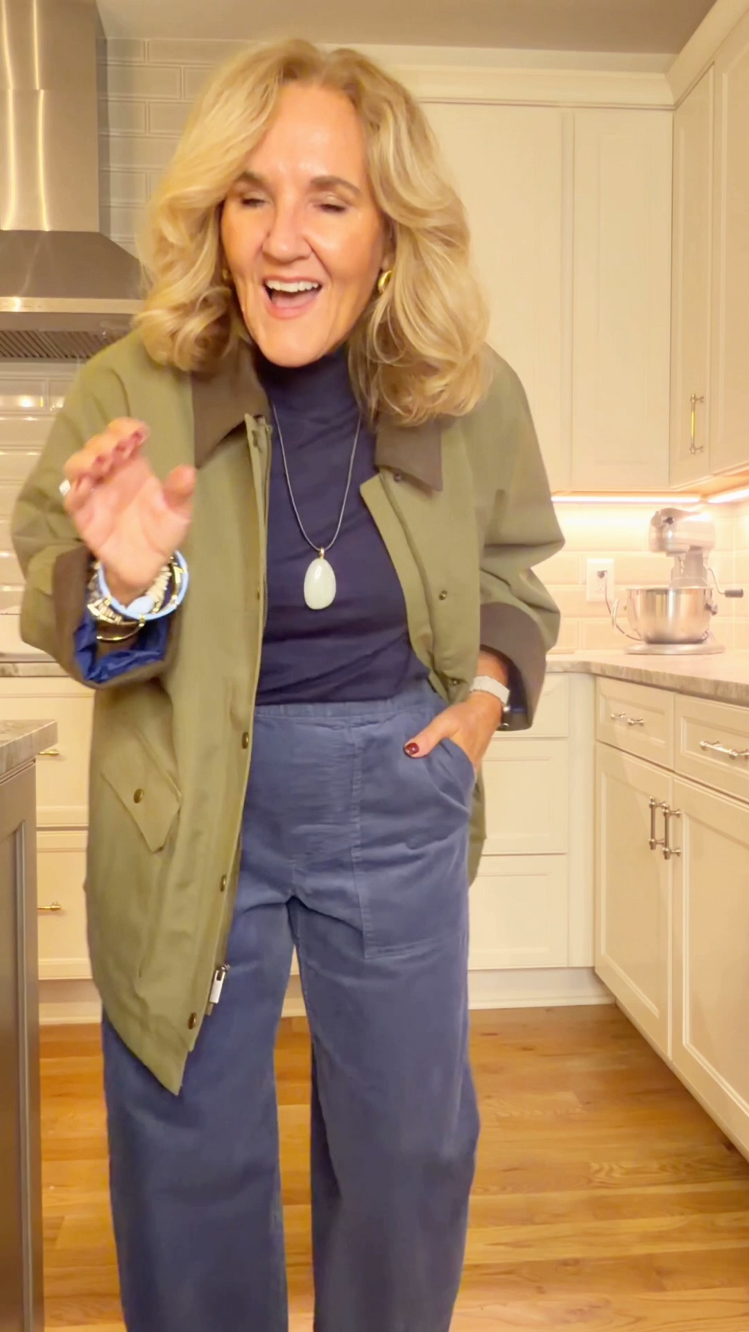 A corduroy barrel pan that is a modern cool silhouette. I’m wearing a size 8 regular.
The turtleneck elbow length sleeved sweat sweater is lightweight. I’m wearing a 1.0.
The barn jacket. I am wearing a medium petite
It also comes in red.
My new bracelet stack releases on Thursday 10/8