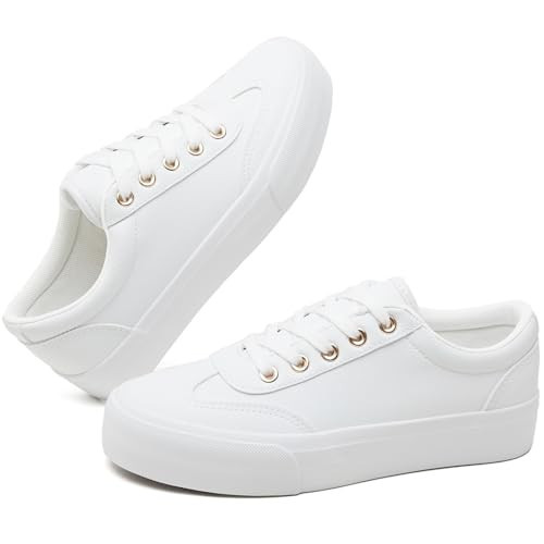 TUOPIN Women's Tennis Shoes White PU Leather Platform Sneakers Comfortable Lace-Up Walking Shoes Fashion Chunky Athletic Sneakers for Women（White.US10 | Amazon (US)
