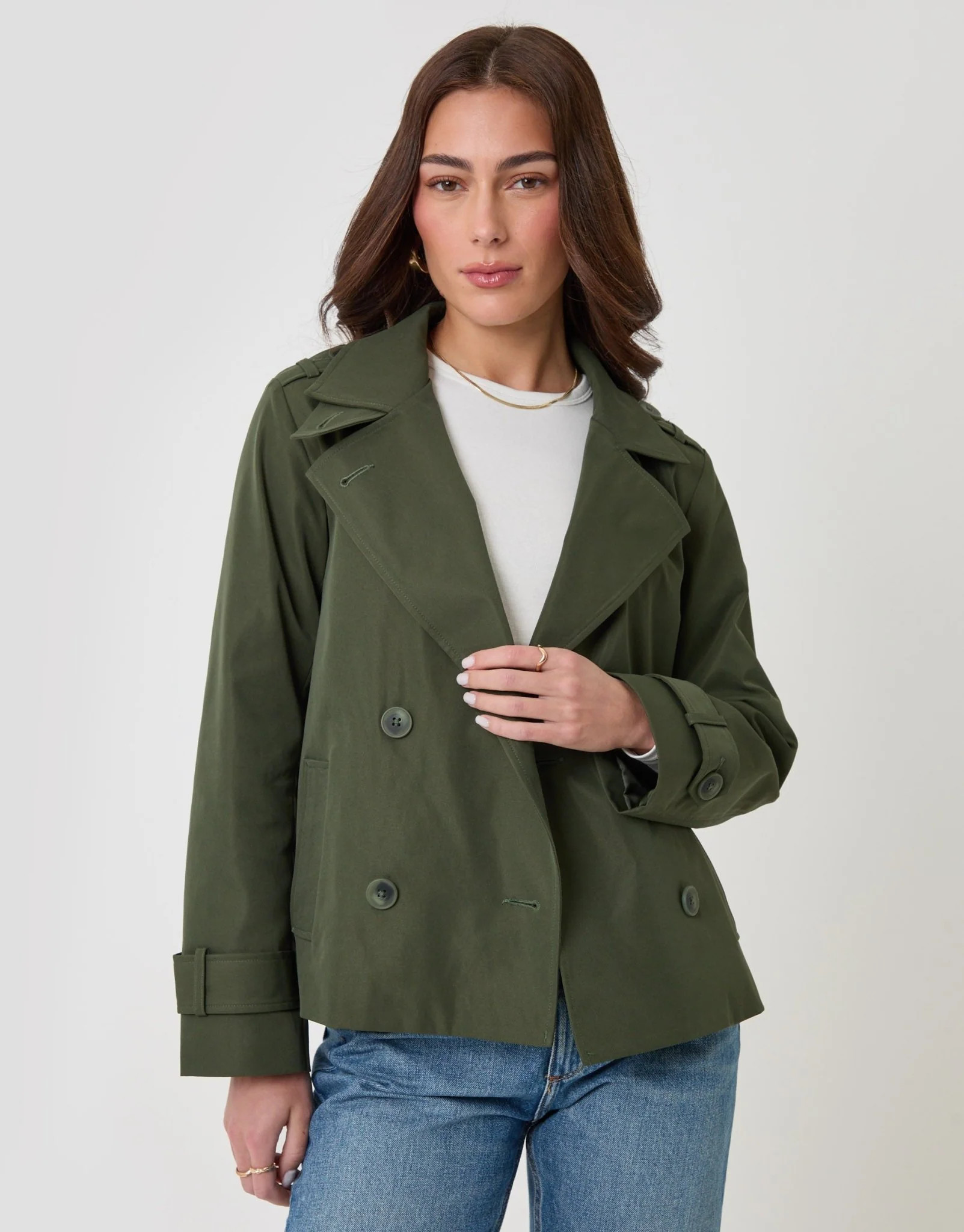 The Relaxed Funnel Neck Short Trench Coat in Khaki | Threadbare UK