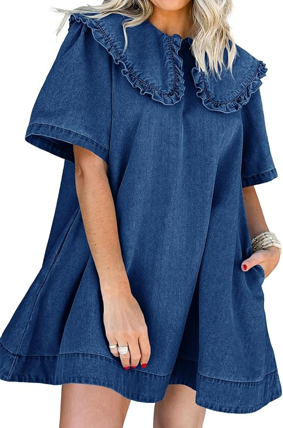 Wenrine Womens Summer Denim Mini Dress Oversized Peter Pan Collar Short Sleeve Casual Flowy Babyd... | Amazon (US)