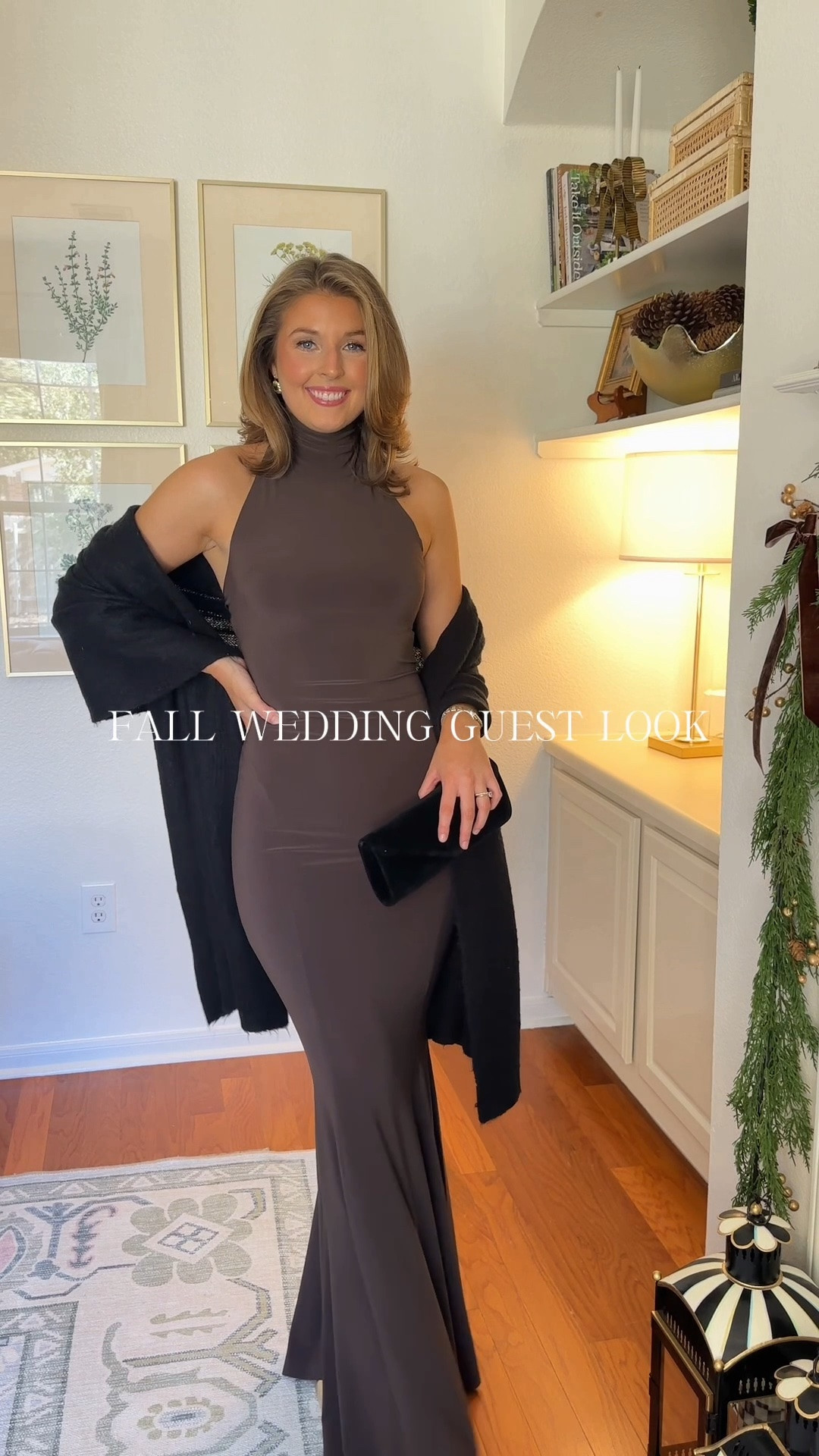 Chocolate brown gown perfect for a fall wedding! Wearing an XXS. Has a lot of stretch!

Fall wedding guest // wedding guest outfit