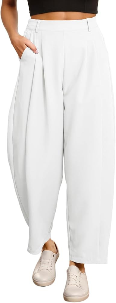 EVALESS Womens Wide Leg Barrel Pants Elastic High Waisted Side Pocket Palazzo Trousers Business W... | Amazon (US)