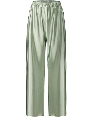 Women Satin Wide Leg Dress Pants Silk Casual Dressy Long Flowy Pants Elastic High Waisted Trouser... | Amazon (US)