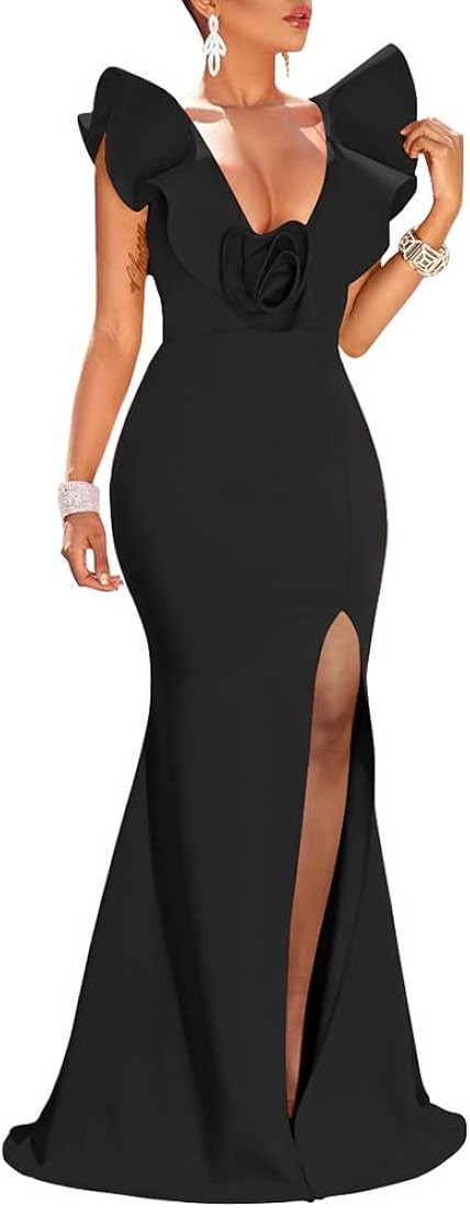 YMDUCH Women's Sexy Ruffle Sleeve V Neck High Split Evening Gown Long Formal Dress | Amazon (US)
