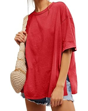 Tankaneo Womens Oversized Tshirts Summer Casual Short Sleeve Crew Neck T Shirt Loose Fit Side Sli... | Amazon (US)