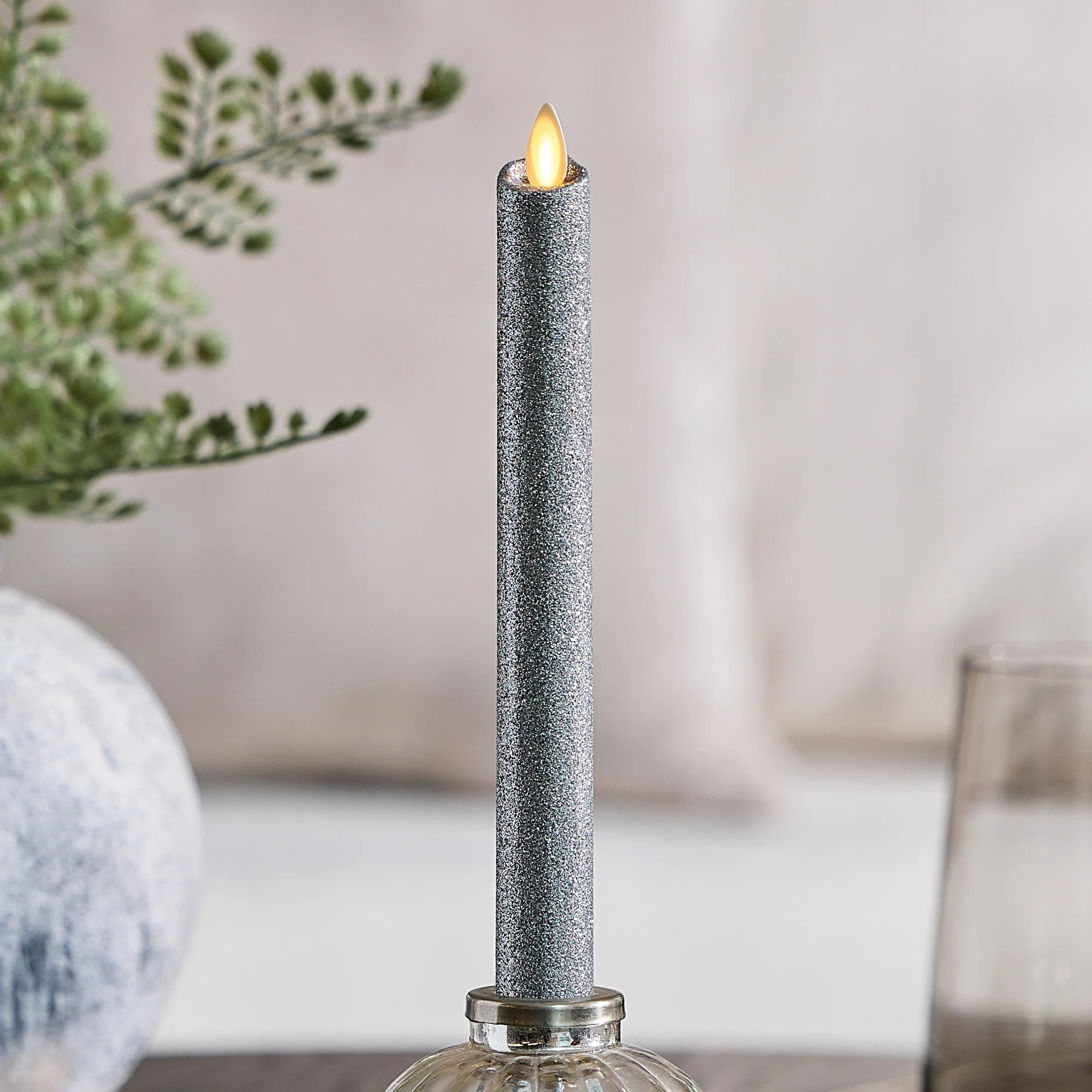 Brilliant Silver Glitter Flameless Candle Taper | Luminara