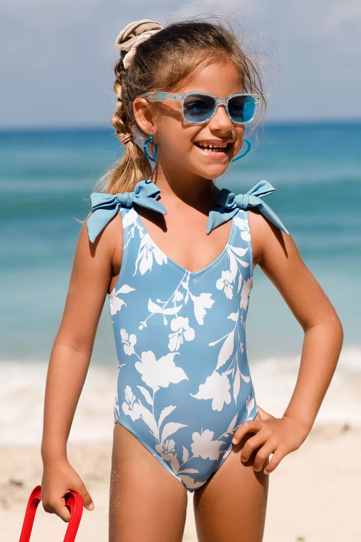 Girls Blue Flower Tie Strap One Piece Swimsuit | Cupshe US