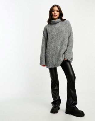 ASOS DESIGN oversized roll neck jumper in boucle yarn in charcoal | ASOS (Global)